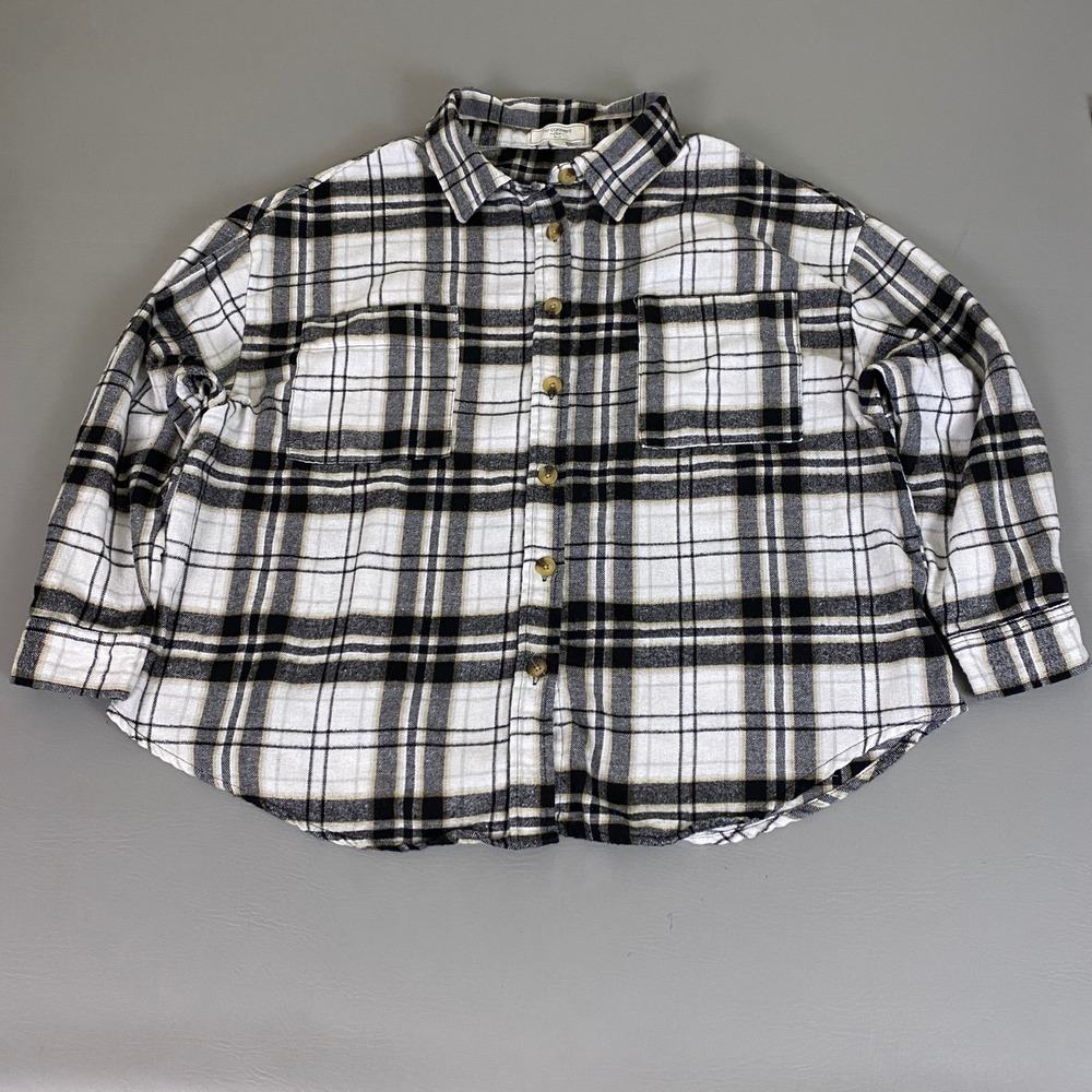 No Comment Flannel Shirt Women's Plus 2X Plaid Button Down Shirt Black White Tan